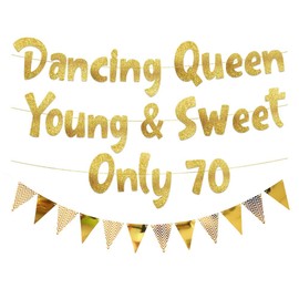 Dancing Queen Young & Sweet Only 70 Banner Set 12pcs Triangle Flag Glitter Birthday Party Decoration Wedding Anniversary Photo Backdrop For Indoor Outdoor Window Wall Door