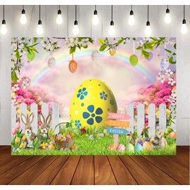 LYCGS 10x8ft Happy Easter Backdrop Easter Colorful Eggs Rabbit Flowers Grass Rainbow Photo Backdrop Kids Children's Easter Party Backdrop Easter Photography Background X-215