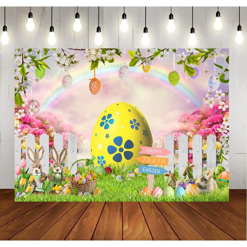 LYCGS 10x8ft Happy Easter Backdrop Easter Colorful Eggs Rabbit Flowers
