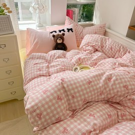 Covebett Bed Linen 135 x 200 cm Checked Pink White with Bows Checked Pattern Girls Duvet Cover 2-Piece Aesthetic Modern Checked Soft Microfibre Duvet Cover with Zip and Pillowcase 80 x 80 cm