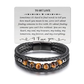 CrystalTears Mens Leather Bracelet Valentine's Gift for Him Tigers Eye Stone Beaded Bracelet for My Men Protection Bracelet Jewellery Gifts for Men Boyfriend Husband Birthday Anniversary