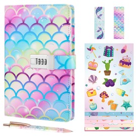 WERNNSAI Kids Diary Set Girls Mermaid Diary with Lock Teens Secret Journal Set Waterproof Leather Diary for Girls Teens A5 Journal Gift Set with 6 Stickers Papers 1pc Bookmark and 1pc Writing Pen