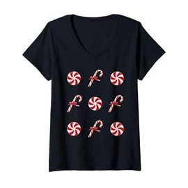 Womens Candy Cane Peppermint Candy Christmas V-Neck T-Shirt