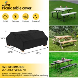 AKEfit Waterproof Picnic Table Covers 6FT Heavy Duty Oxford Cloth Wind Dust Proof Anti-UV Outdoor Indoor Patio Picnic Table Bench Cover 70 / 72 Inch,Black, JINGPU-13-B1