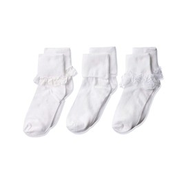 Jefferies Socks Big Girls Eyelet Lace/Turn Cuff/Fancy Lace Girls Socks 3 Pack, White, Small