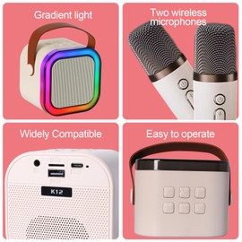 Portable Karaoke Machine with 2 Wireless Microphone, Mini Bluetooth Speaker for Adullts and Kids, Valentines Day Gifts Back to School Gifts (Beige)