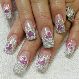 24Pcs Valentines Nails Heart Press on Nails Medium Square Fake Nails Glitter Purple Heart Acrylic Nails with Silver Gradient French Tip False Nails Heart Stick on Nails for Wedding Nail Decoration