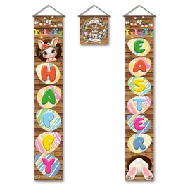 SUPERDANT Set of 3 Easter Egg Porch Banner Easter Bunny Hanging Sign Polyester Couplets Home Wall Decor for Holiday Ceremony Celebrating Party Decorations 30x180cm