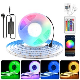 24 V WiFi COB LED RGB LED Strip 5 m, COB LED Strip RGB Dimmable with Remote Control and Power Supply, LED COB RGB LED Strip LED Light Strip, 576 LEDs/M, App Controllable, Compatible with Alexa Google