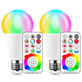 LED Color Changing Light Bulb, 120 Colors, 70 Watt Equivalent with Remote Control RGBW RGB Daylight and White – Timing Function - A19 E26 Edison Screw (2 Pack)