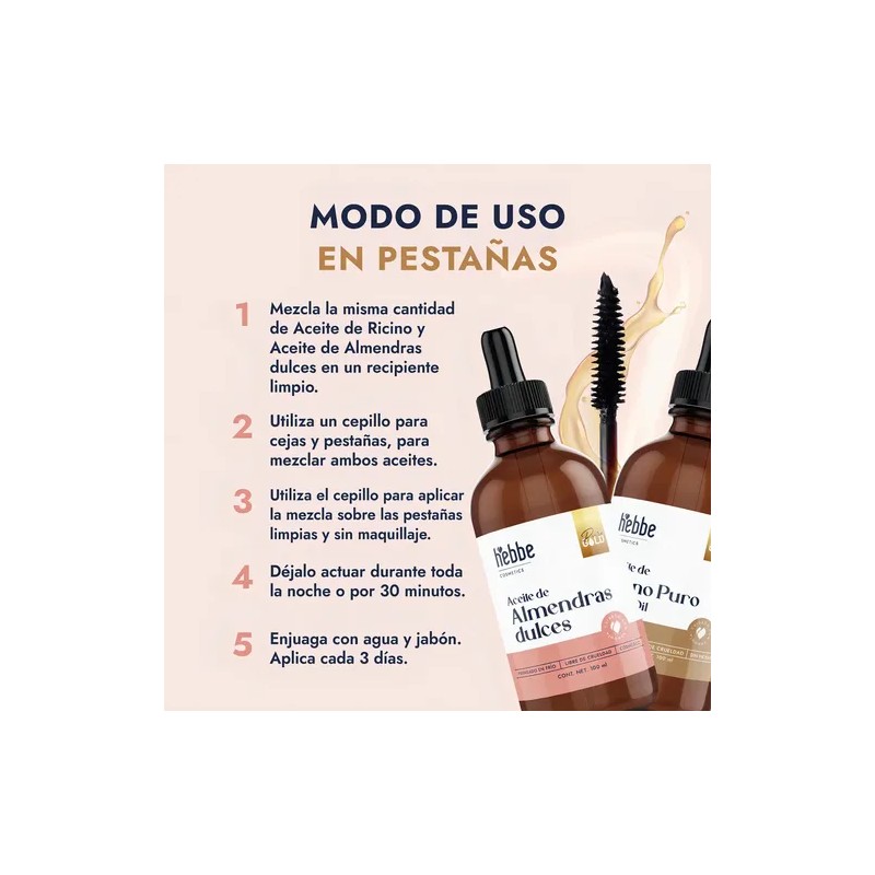 Aceite Orgánico Ricino + Almendras Puro Hebbe Cosmetics Crecimiento Cabello