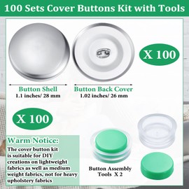 100 Sets Cover Buttons Kit with Tools Size Buttons to Cover Self Cover Buttons with Wire Backs DIY Fabric Cloth Cover Buttons (Size 45/1.1 Inch)