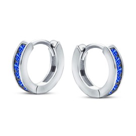 Blue Cubic Zirconia CZ Channel Set Small Huggie Hoop Earrings For Women Simulated Sapphire .925 Sterling Silver
