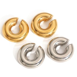 HQRKOTM 2 Pairs Chunky Hoop Earrings 16K Gold for Women Lightweight Open Non Penetrating Hypoallergenic Girls Clip Earrings, a