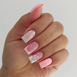 Medium Square Pink French Tips Press on Nails Silver Stars False Nails Curve Line Acrylic Fake Nails Glossy Pink Gradient Stick on Nails Purple Ombre Gel Glue on Nails for Coquette Women Girls 24Pcs