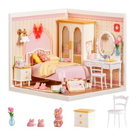 ROBOTIME Super Creator Kits, DIY Miniature House Kit with LED, Plastic Mini House, Toy Building Set, Mini Figures Construction for Teens &Adults, Craft for Home Decor Unique Gift (Lovely Pink Bedroom)