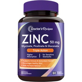 Doctor's Recipes Zinc Supplement 50mg, Triple Action Immune Support, Chelated Zinc Picolinate, Glycinate & Gluconate, Once Daily for Men & Women, Skin Health, Hormone Balance, Vegan, 60 Capsules