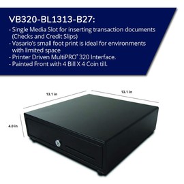 APG Standard- Duty 13” Electronic Point of Sale Cash Drawer | Vasario Series VB320-BL1313-B27 | Printer Compatible | Plastic Till with 4 Bill/ 4 Coin Compartments | Black