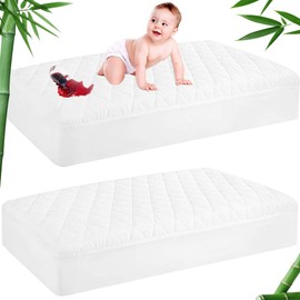 GRT 2 Pack Waterproof Crib Mattress Protector Rayon Made from Bamboo,Quilted Baby Mattress Cover Fitted Deep Pocket from 4" up to 9", Extra Breathable & Noiseless Toddler Mattress Pad 52"x28", White