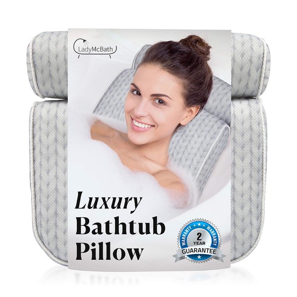 Lady McBath Bath Pillow - Luxury Bath Pillows for Tub Neck and Back Support - Powerful Suction Cups, Machine Washable Bathtub Accessory for Relaxation (Grey)