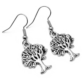 Tree of Life Charm Earrings, Spiritual Symbol Tibetan Silver Charms on Nickel Free Silver Tone Hooks : 38mm long, Wiccan Pagan Gift for Women, Tree Symbol Drop Earrings
