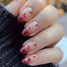 24Pcs Red Gradient Press on Nails Glitter Maple Leaf Medium Almond Fake Nails Reusable Thanksgiving Acrylic Nails for Women Autumn Manicure Decoration Supplies