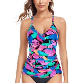 RELLECIGA Women's Colorful Leaves V Neckline Ruched Tankini Top Swimsuits Size Large