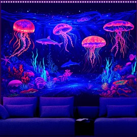 AOHMPT UV Reactive Blacklight Tapestry with Glowing Jellyfish, Whale & Dolphin Designs - Trippy Ocean Wall Hanging for Bedroom, Dorm and Living Room Decor 59L x 51W