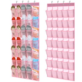 Windyun 2 Pcs 70 Large over the Door Shoe Organizer Hanging Shoe Rack for Closet Holder Pink Mesh Pockets Behind Door Hanger Nonslip, Each with 35 Pockets