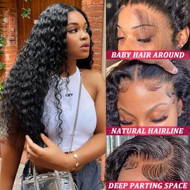 DOSYVI Deep Wave Lace Front Wigs Human Hair 200% Density Pre Plucked 13x6 HD Transparent Lace Frontal Wigs Human Hair For Women Deep Curly human hair wig (Black, 24 Inch)