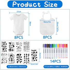 Bibs for Painting for Baby Shower, 12 Pieces Baby Bibs for Painting, 12 Textile Pens and 8 Painting Stencils, White Bibs Painting, Baby Bibs Made of Cotton, Double-Sided, Baby Shower Boy Girl