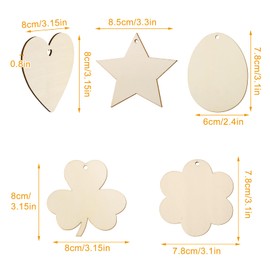 Tmflexe 50 Pcs Unfinished Paintable Blank Wooden Spring Festival Decoration Ornaments, Valetine's Day Easter St.Patrick Tree Hanging Wood Slices for Kids DIY Art Crafts, Hearts,Stars, Eggs, Flowers