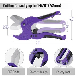 Bates- PVC Pipe Cutter, Cuts up to 1-5/8", Purple Ratcheting PVC Pipe Cutter Tool, Pipe Cutters PVC Pipe Shears, Plastic Pipe Cutter, PEX Pipe Cutter, PVC Cutter Tool, PVC Ratchet Cutter