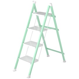 DIAMONDFORGE 4 Step Ladder, Folding Step Stool with Anti-Slip Wide Pedal, Anti-Slip Feet, Sturdiest Steel Construction, Steel Ladder for Home and Office, Green White