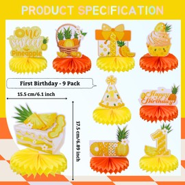 9pcs Summer Tropical Pineapple First Birthday Honeycomb Centerpieces Sweet One Pineapple Party Table Decorations Party Like A Pineapple Table Topper Sign Centerpieces for Baby Shower 1st Birthday