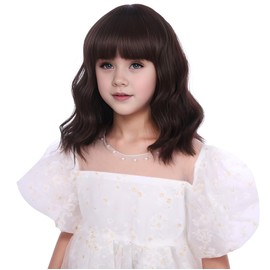 DUDUWIG Dark Brown Wig for Kids Girls Short Chocolate Brown Wavy Curly Wig Brown Wig with Air Bangs for Children Heat Resistant Synthetic Wig with Wig Cap