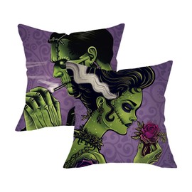 Pycat Halloween Green Monster Decorative Throw Pillow Covers 18 x 18 Set of 2, Vintage Horror Movie Character Porch Outdoor Home Decor, Retro Gothic Dark Art Sofa Couch Cushion Case