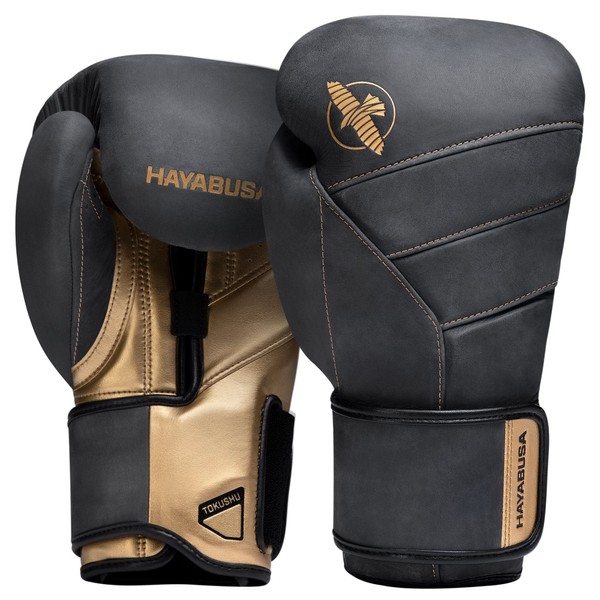 Hayabusa T3 LX Leather Boxing Gloves Men and Women for Training Sparring Heavy Bag and Mitt Work - Obsidan/Gold, 16 oz
