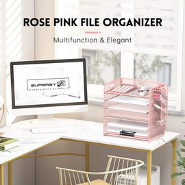 SUPEASY 6 Tier Paper Organizer with 4 Pen Holders, Mesh Desk Organizer Letter Tray with Handle, Paper Tray Organizer File Organizer for A4 File Folder, Rose Pink