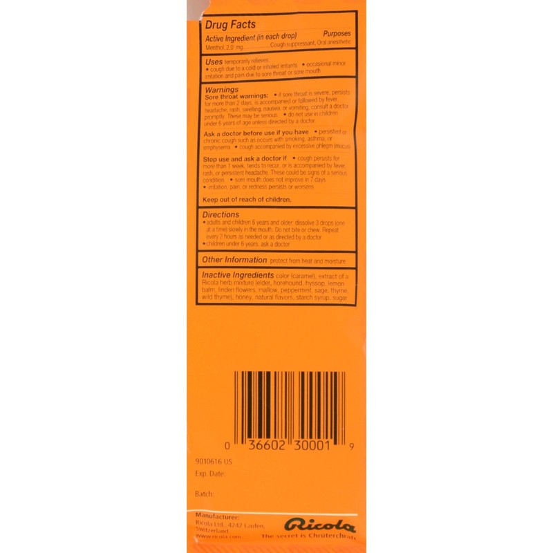 Ricola Honey Herb Herbal Cough Suppressant Throat Drops, 24ct Bag