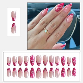24 Pcs Pink Press on Nails Short Almond - YEFIUO Small White Flowers Fake Nails Press ons Fuchsia French Nail Art Tips Glue on Nails with Cute Design Full Cover Acrylic False Nails Stick on Nail Kit