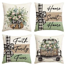 AVOIN colorlife Home Sweet Home Farmhouse Eucalyptus Leaves Throw Pillow Covers, 18 x 18 Inch Truck Stripes Buffalo Plaid Cushion Case Decorations Set of 4
