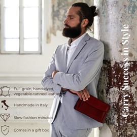 Time Resistance Red Leather Clutch Purse for Men - Handmade Men's Wrist Bag - Italian Leather Clutch Bag - Small Business Briefcase - Small Everyday Items Organizer - Men's Leather Handbag