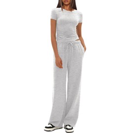 Darong Women 2 Piece Outfits Short Sleeve Top and Wide Leg Pants Lounge Sets Tracksuit 9087A White Grey S