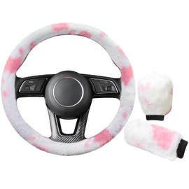 3Pcs Fluffy Cow Steering Wheel Cover Soft Furry Plush Winter Warm Vehicle Car Steering Wheel Protector Warmer with Handbrake Gear Shift Plush Cover Universal Auto Steering Wheel Cover Fit 37-38cm