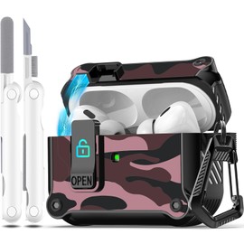 R-fun Compatible with AirPods Pro 2nd Generation 2023(USB-C),2022(Lightning Cable),1st Gen 2019 Charging Case, Full Drop Protection Auto Pop-Up Lid Design with Cleaner Kit,Red Camouflage