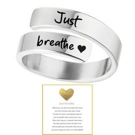 LIU JUN Just Breathe Ring, Adjustable Heart Stainless Steel Spiral Wrap Healing Rings, Engraved 'Just breathe' Heart Ring Inspirational Jewelry (silver)