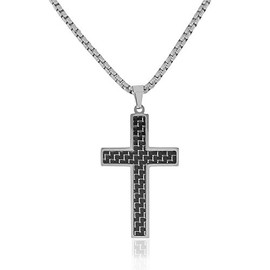 Edforce Stainless Steel Silver-Tone Simulated Black Carbon Fiber Statement Cross Necklace