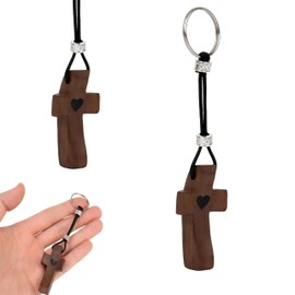 Fving 3 PCS Wooden Cross Key Chain,Walnut Small Cross with Heart Fingertip for Encouragement &Prayer, Stress/Anxiety Relief, Handheld Wood Cross Keychain Christian Gift