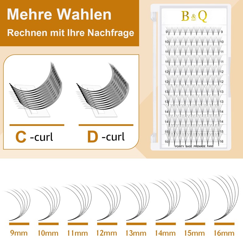 B&Q Ready-to-Use Eyelashes, Fans, 3D-D-0.10-11, Pointed Base Eyelash Extensions, 3D,